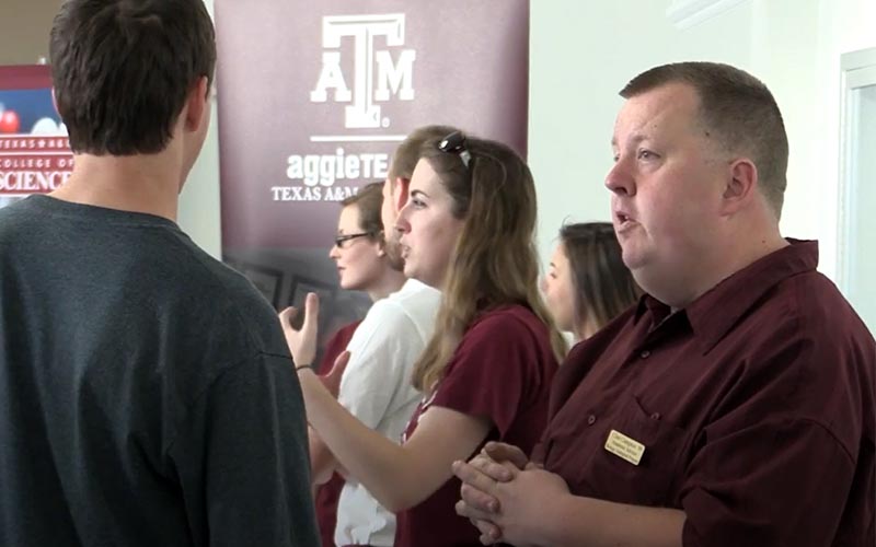 Texas A&M biology academic advisor Clint Crampton visits with prospective undergraduate students and their families at Aggieland Saturday Texas A&M biology academic advisor Clint Crampton '99 (right), visiting with prospective undergraduate students and their families at Aggieland Saturday. Remembering Longtime Biology Academic Advisor and Texas A&M Graduate Clint Crampton ’99